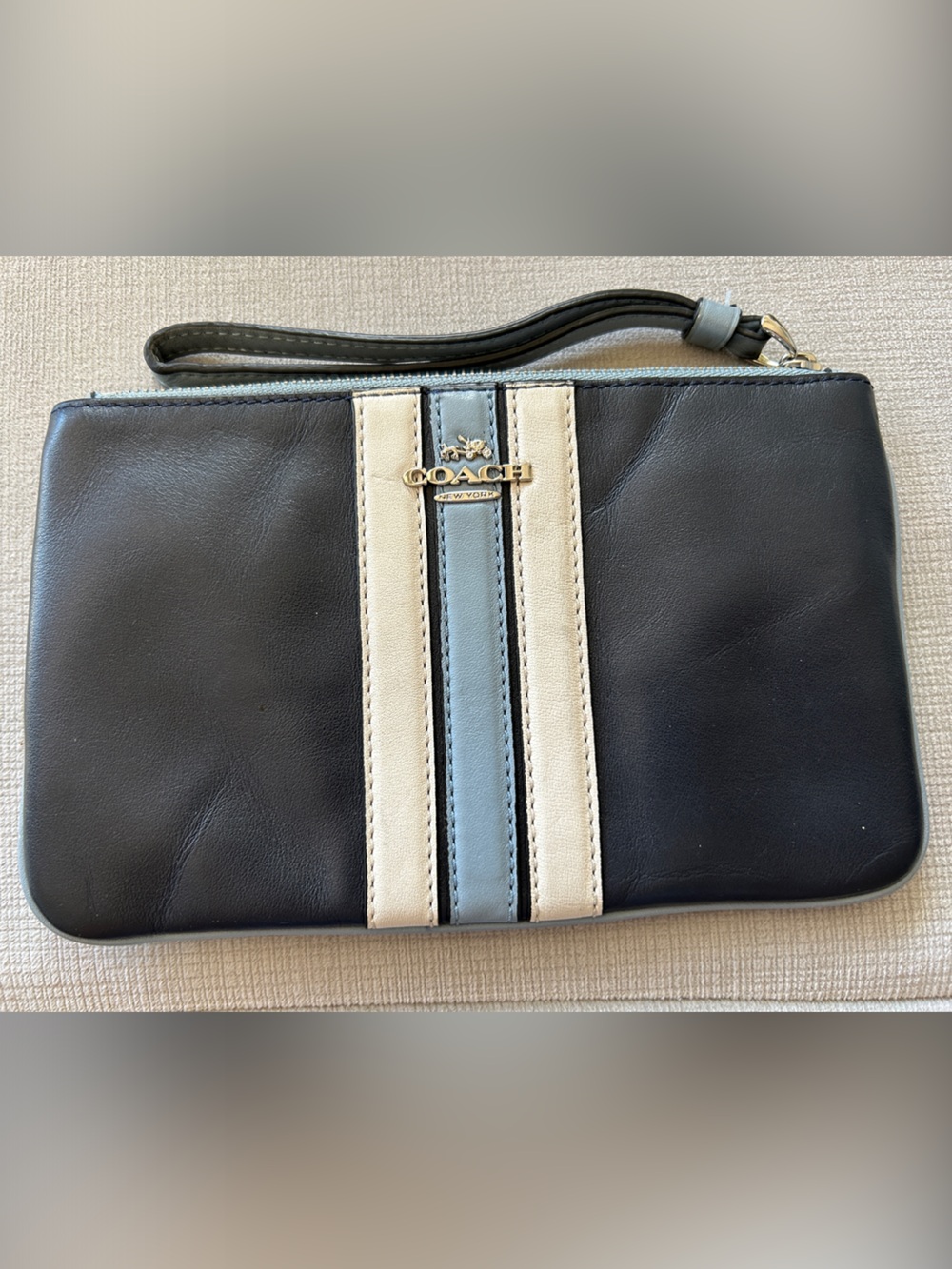 Coach Black Leather Wristlet with Cream and Light Blue Stripes